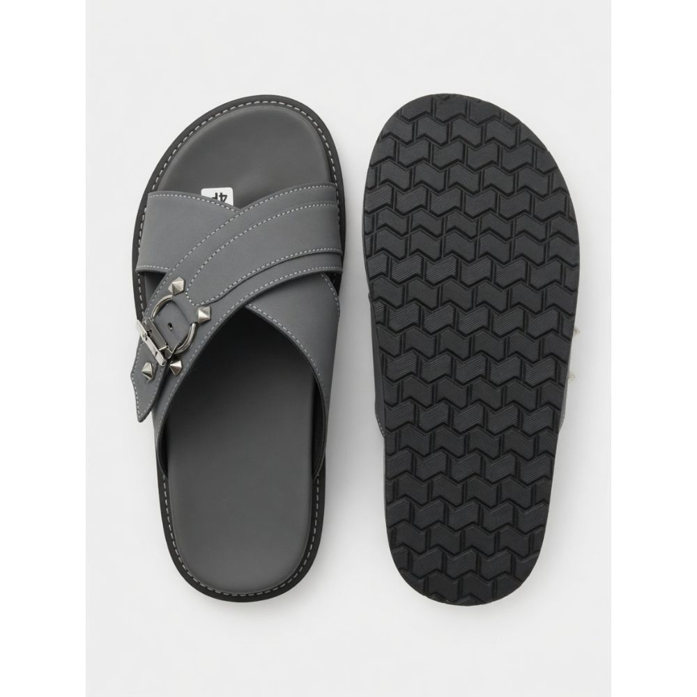 Classic Grey Cross Strap Slide Sandals with Metal Ring Accent